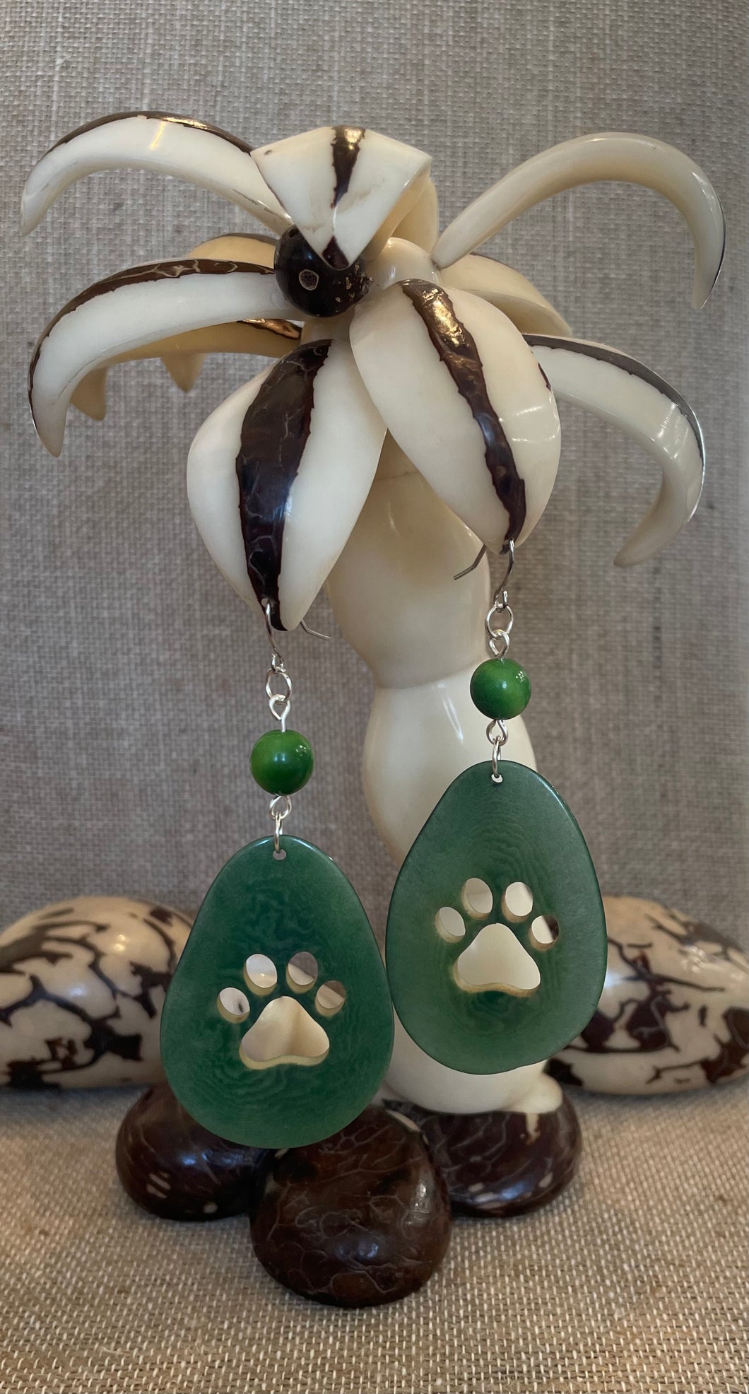 Green Paw Carved Tagua Nut Earrings