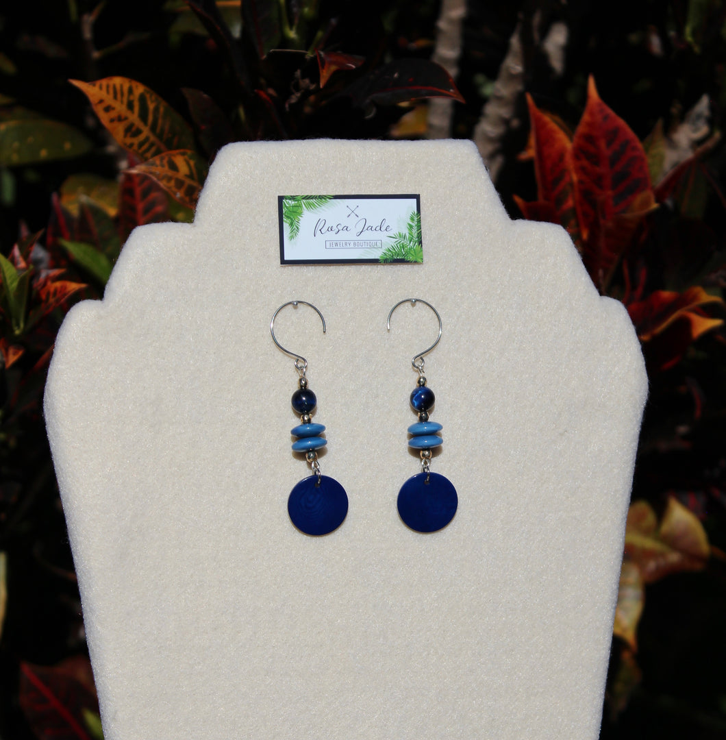 Blue Tagua Nut and Eye of the Tiger Earrings
