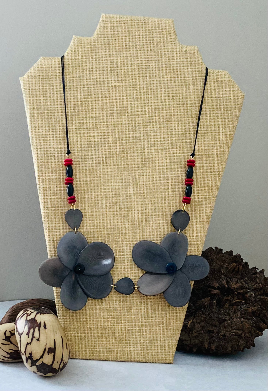 Gray Double Rose Tagua Nut Necklace