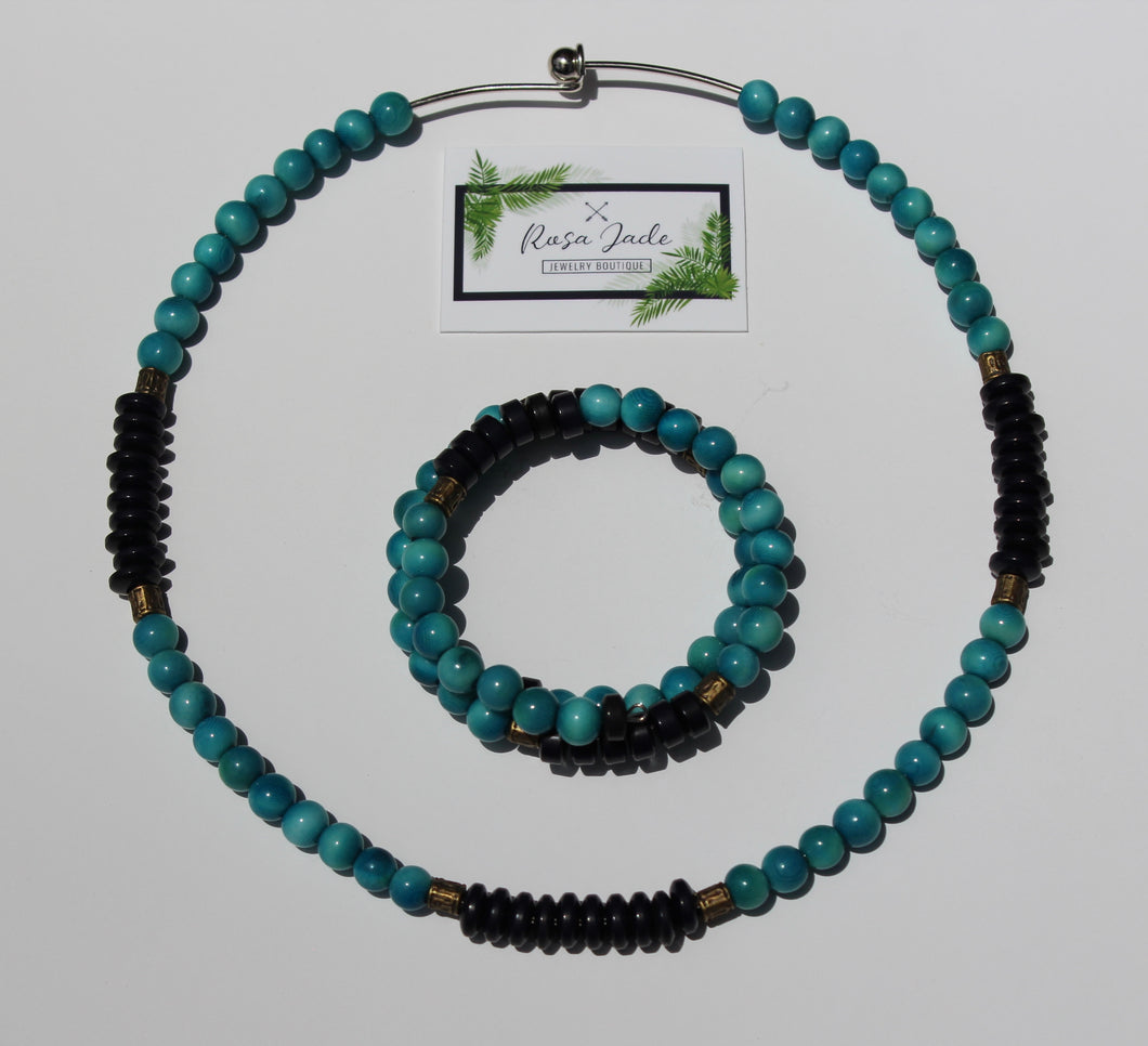 Turquoise and Black Tagua Nut Necklace and Bracelet Set