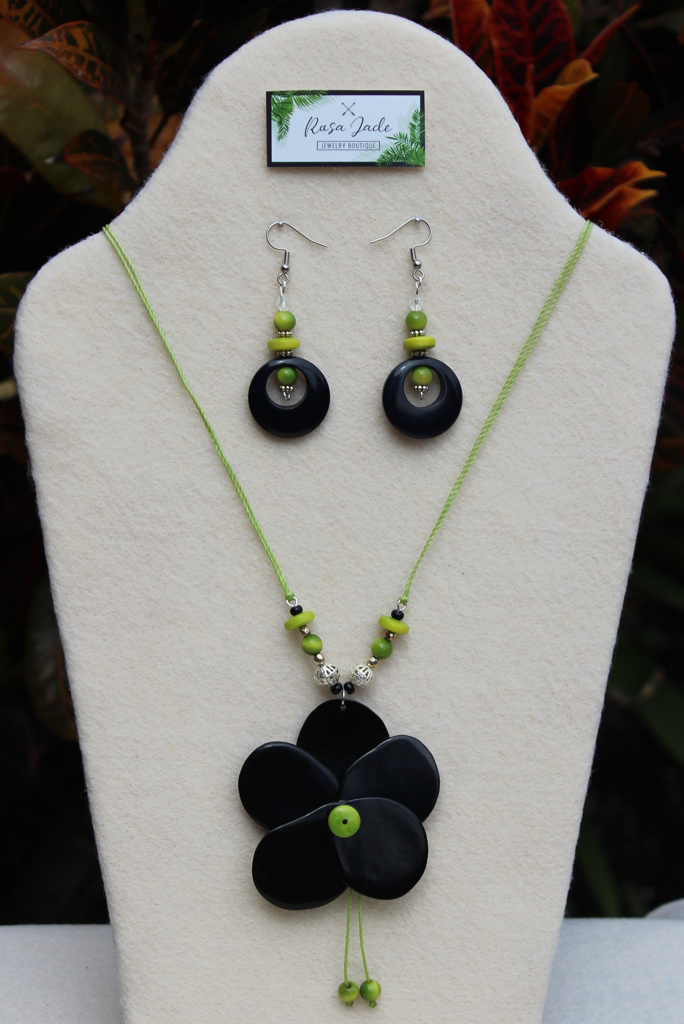 Black and Green Tagua Nut Rose Nacklace and Earrings Set