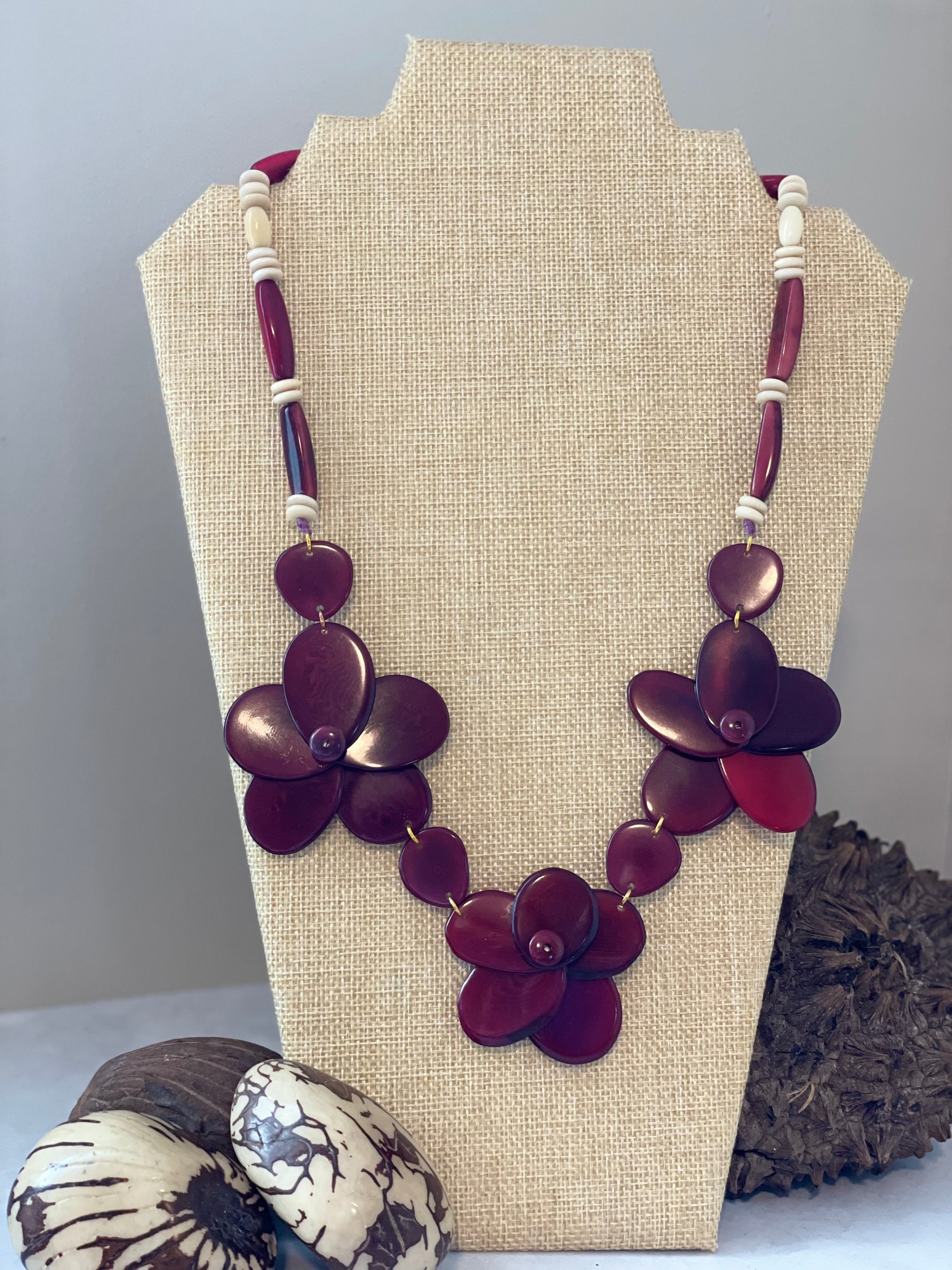 Burgundy Triple Rose Tagua Nut Necklace autumn