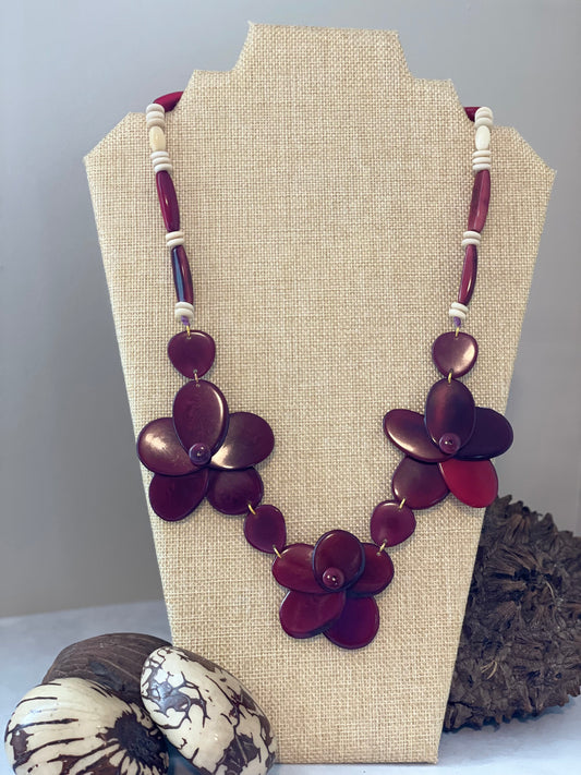 Burgundy Triple Rose Tagua Nut Necklace autumn