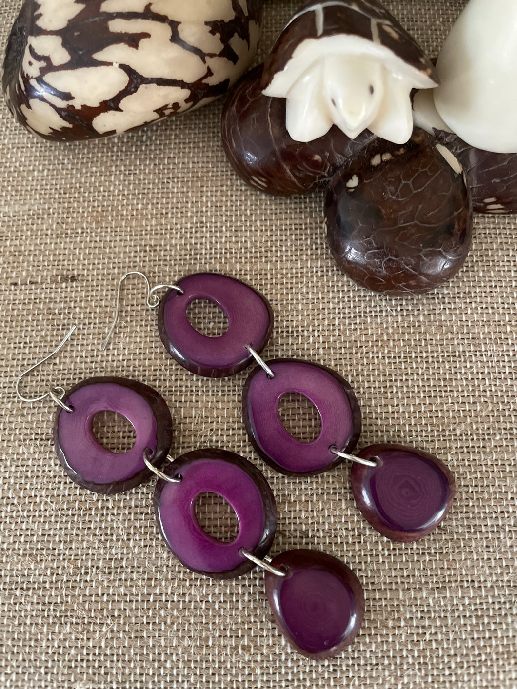 Purple Tagua Nut Long Earrings