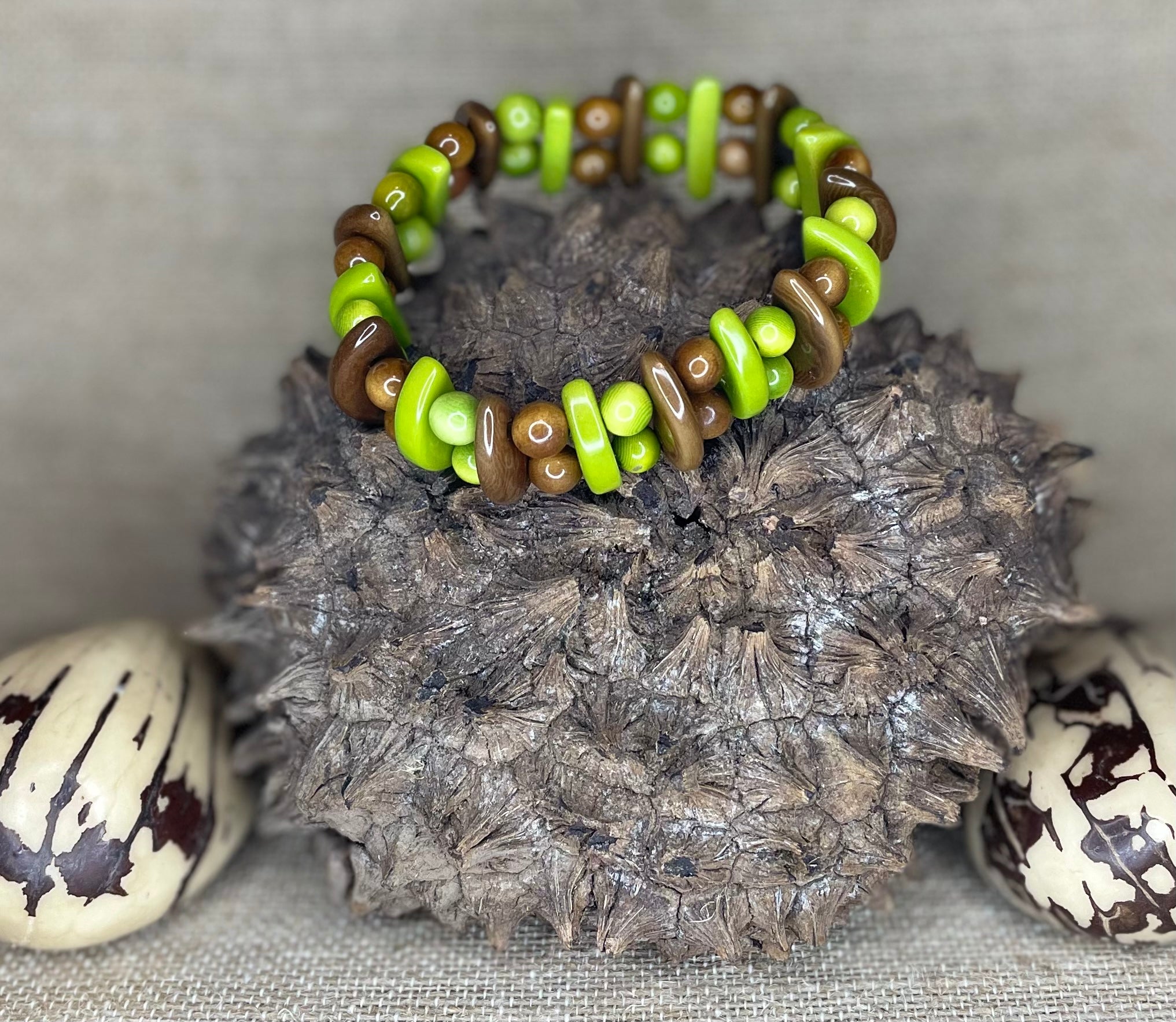 Brown and Green Tagua Nut Stretchable Bracelet