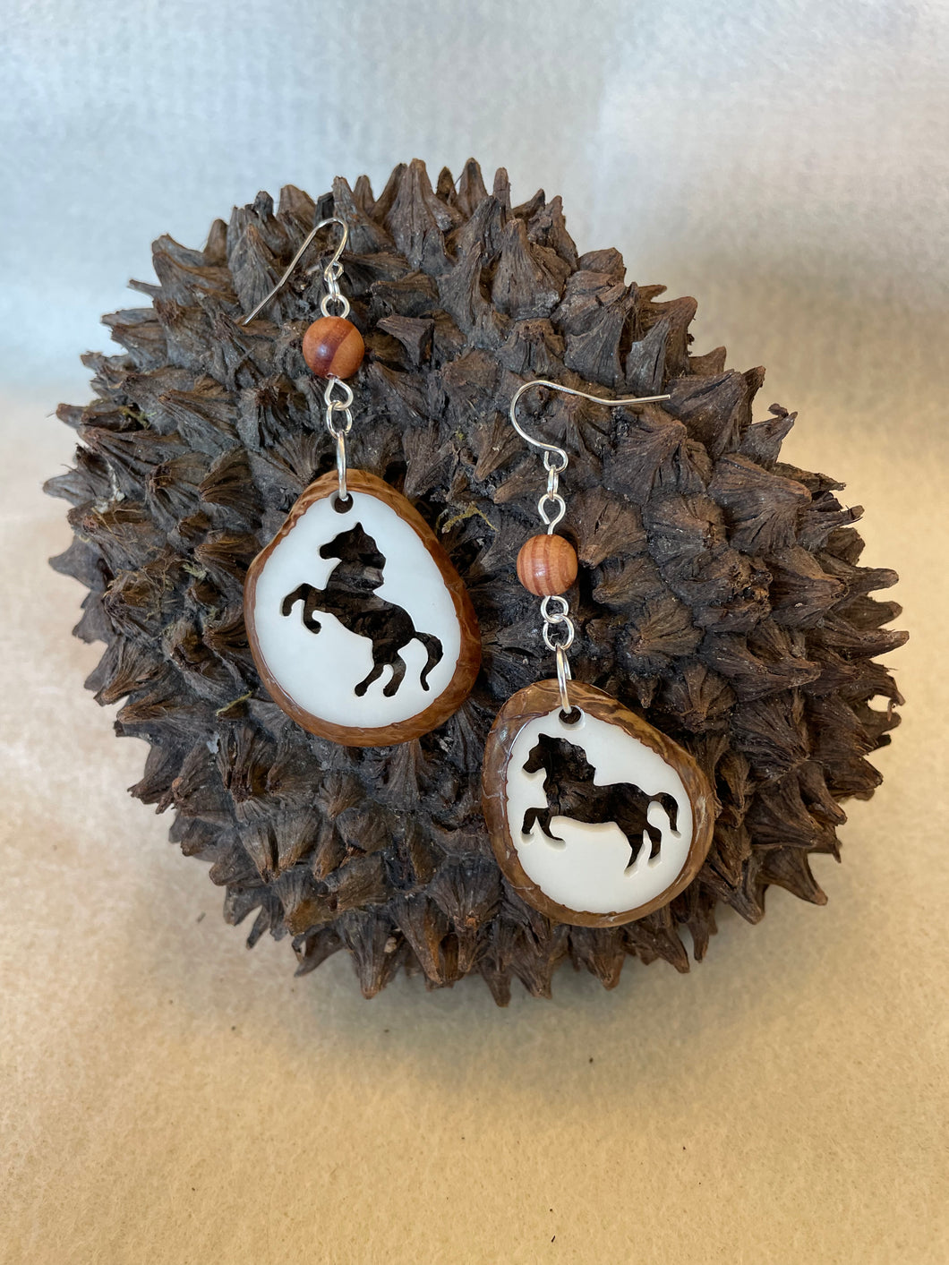 Carved Horse Tagua Nut Derby Earrings
