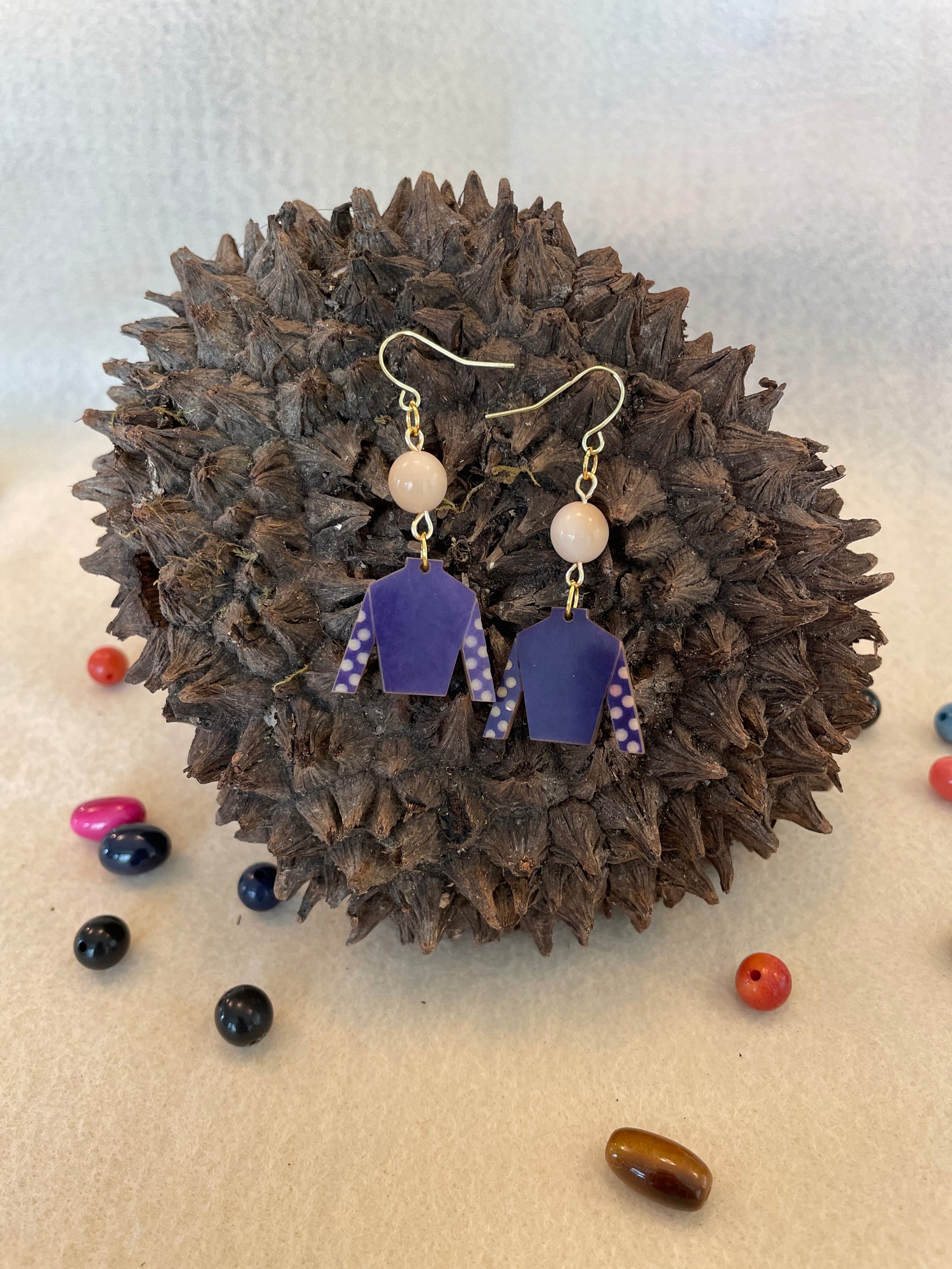 Purple Tagua Nut Jockey Silk Derby Earrings