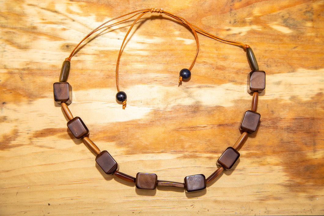 Brown Square and Cylinder Tagua Nut Adjustable Necklace