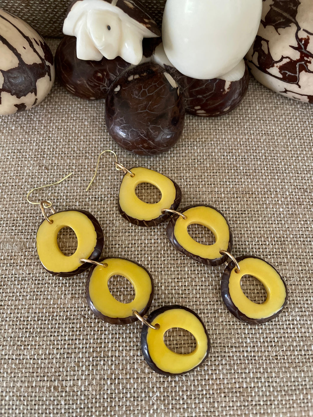 Yellow Tagua Nut Long Earrings