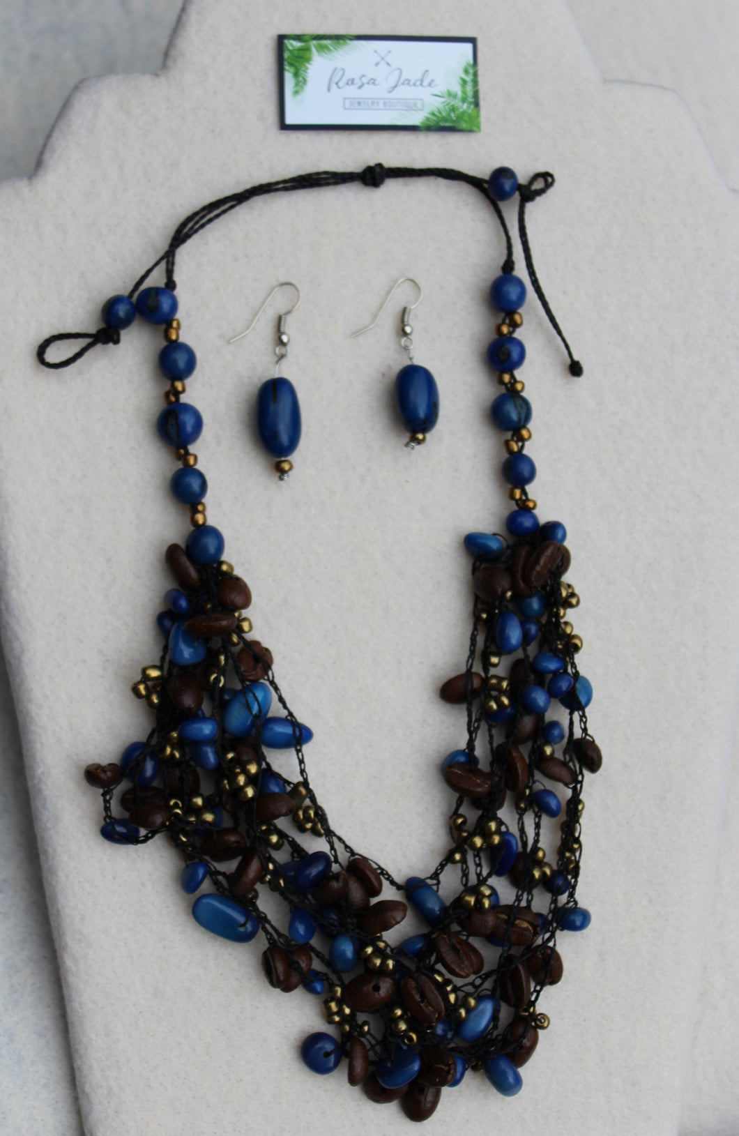 Blue Tagua Nut and Coffee Beans Necklace and Earrings Set