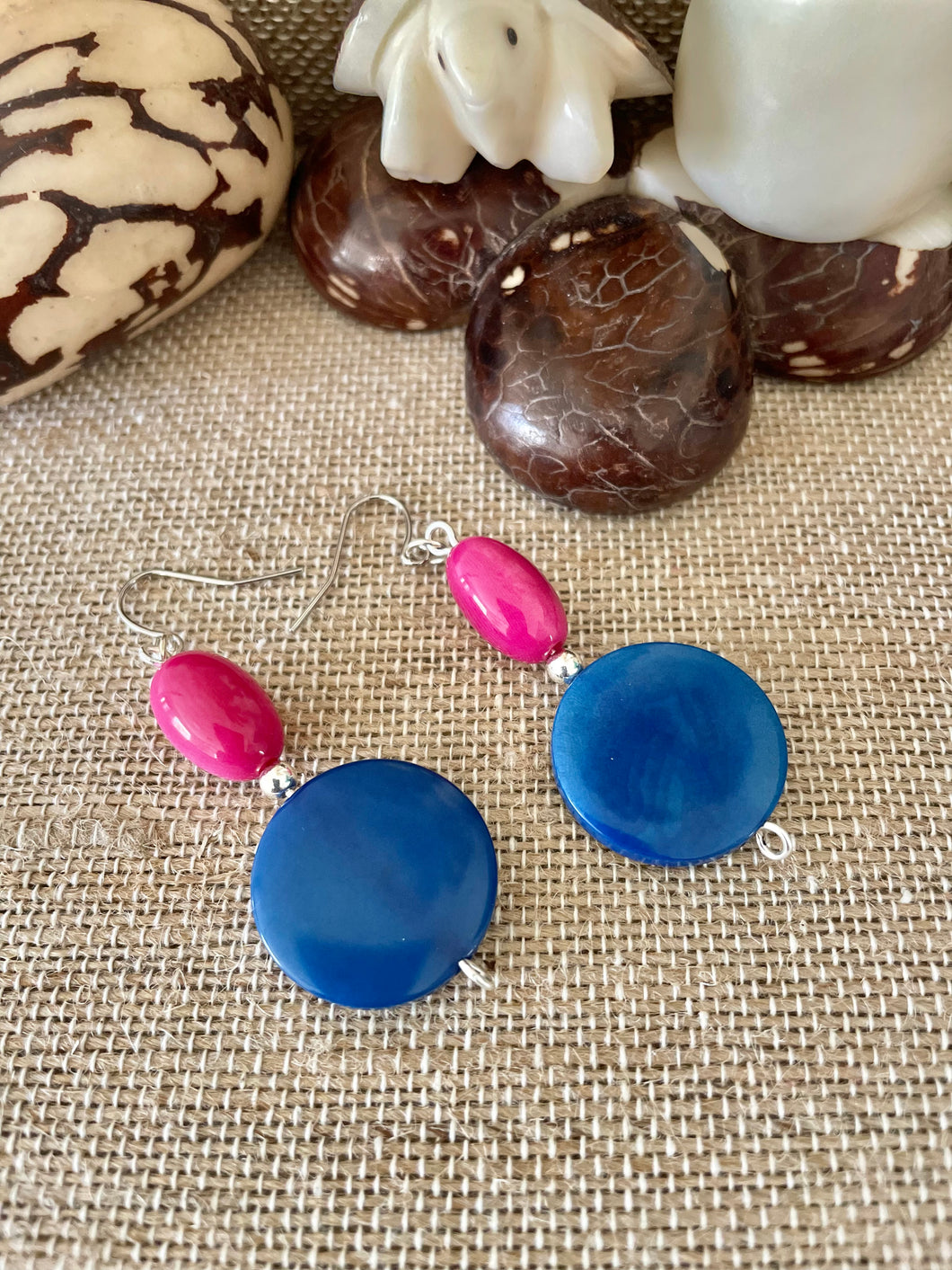 Blue Pink Tagua Nut Earrings