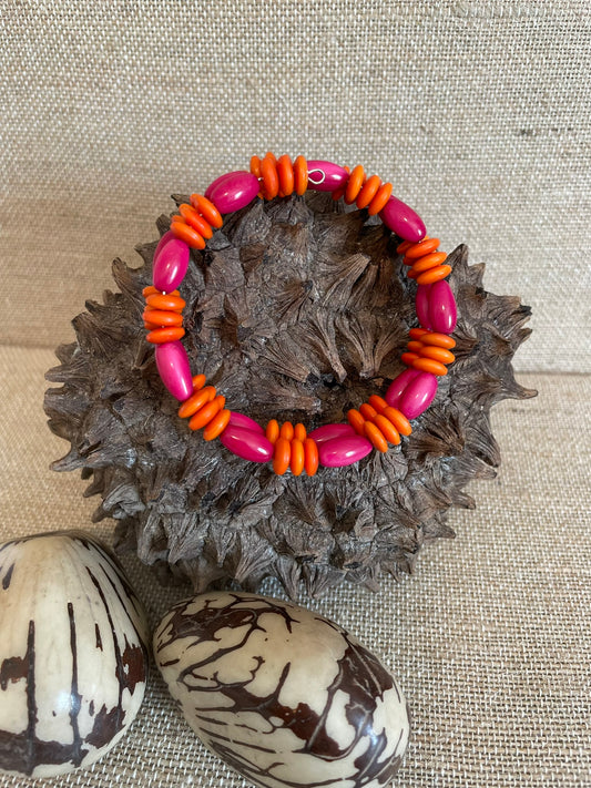 Orange Hot Pink Tagua Nut Memory Wire Bracelet