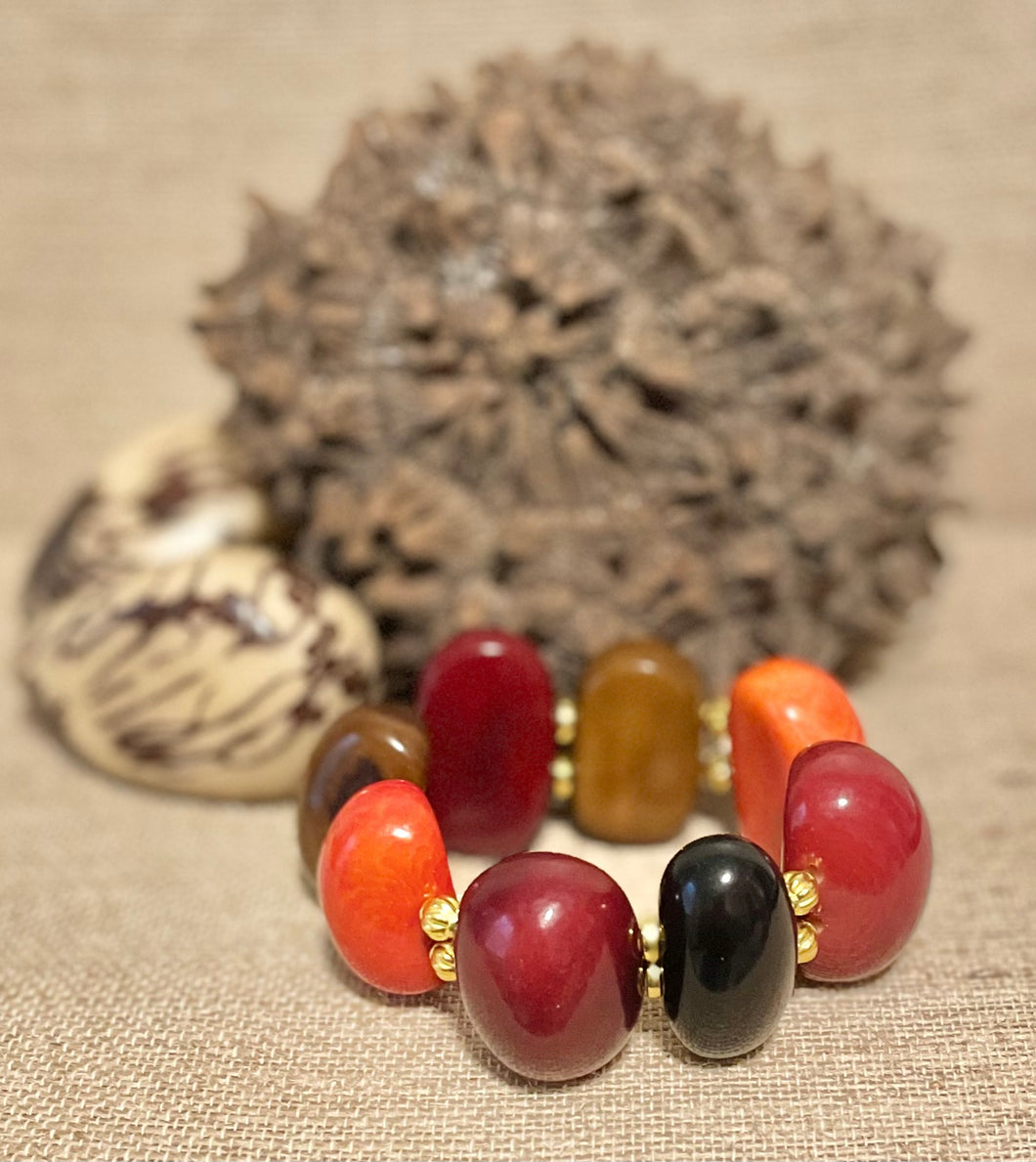 Multicolor Chunky Tagua Nut Bracelet with Golden Accents