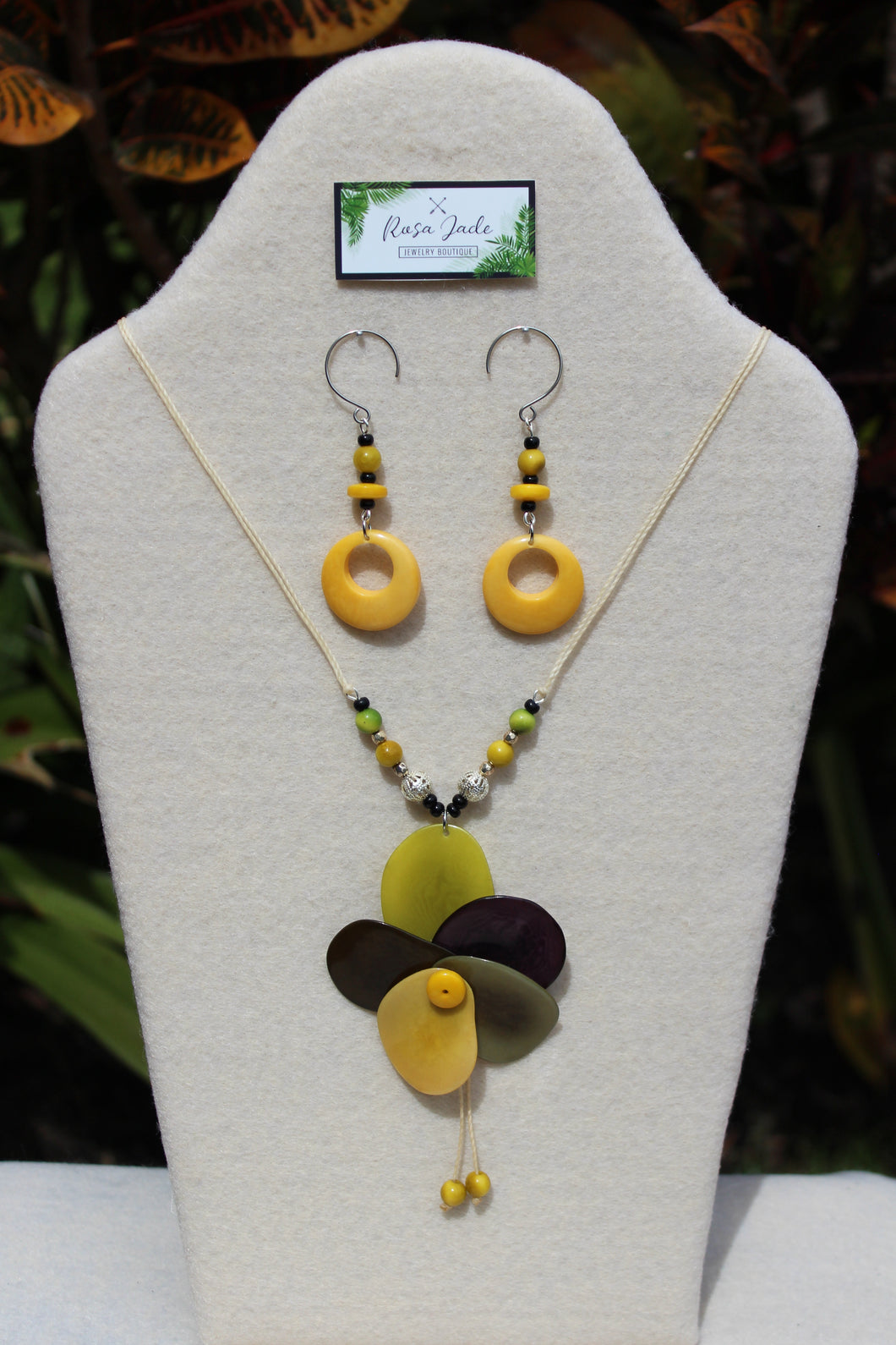 Green Brown Yellow Tagua Nut Rose with Earrings