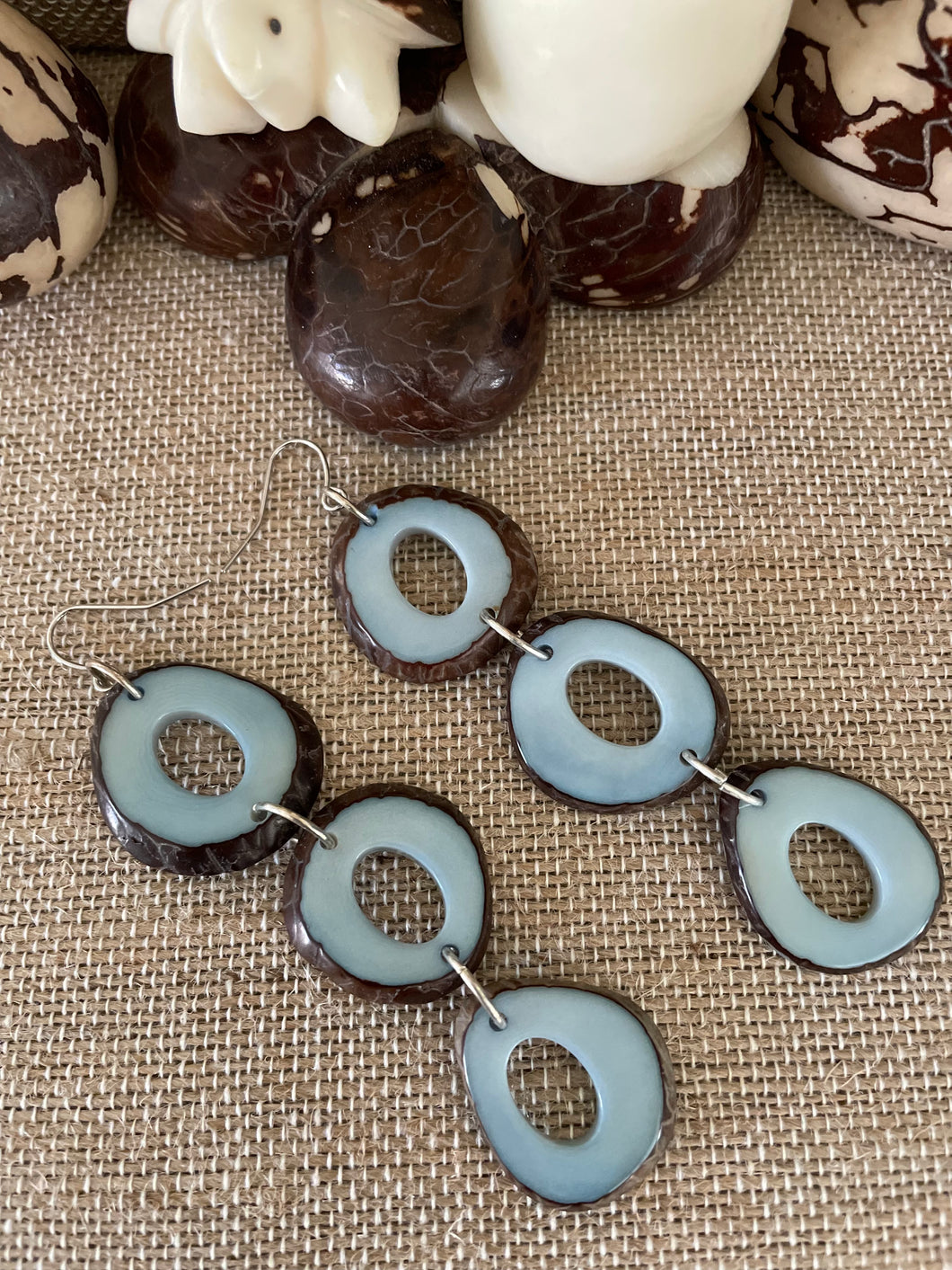 Baby Blue Tagua Nut Long Earrings