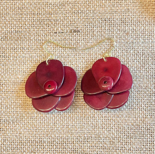 Maroon Rose Tagua Nut Earrings