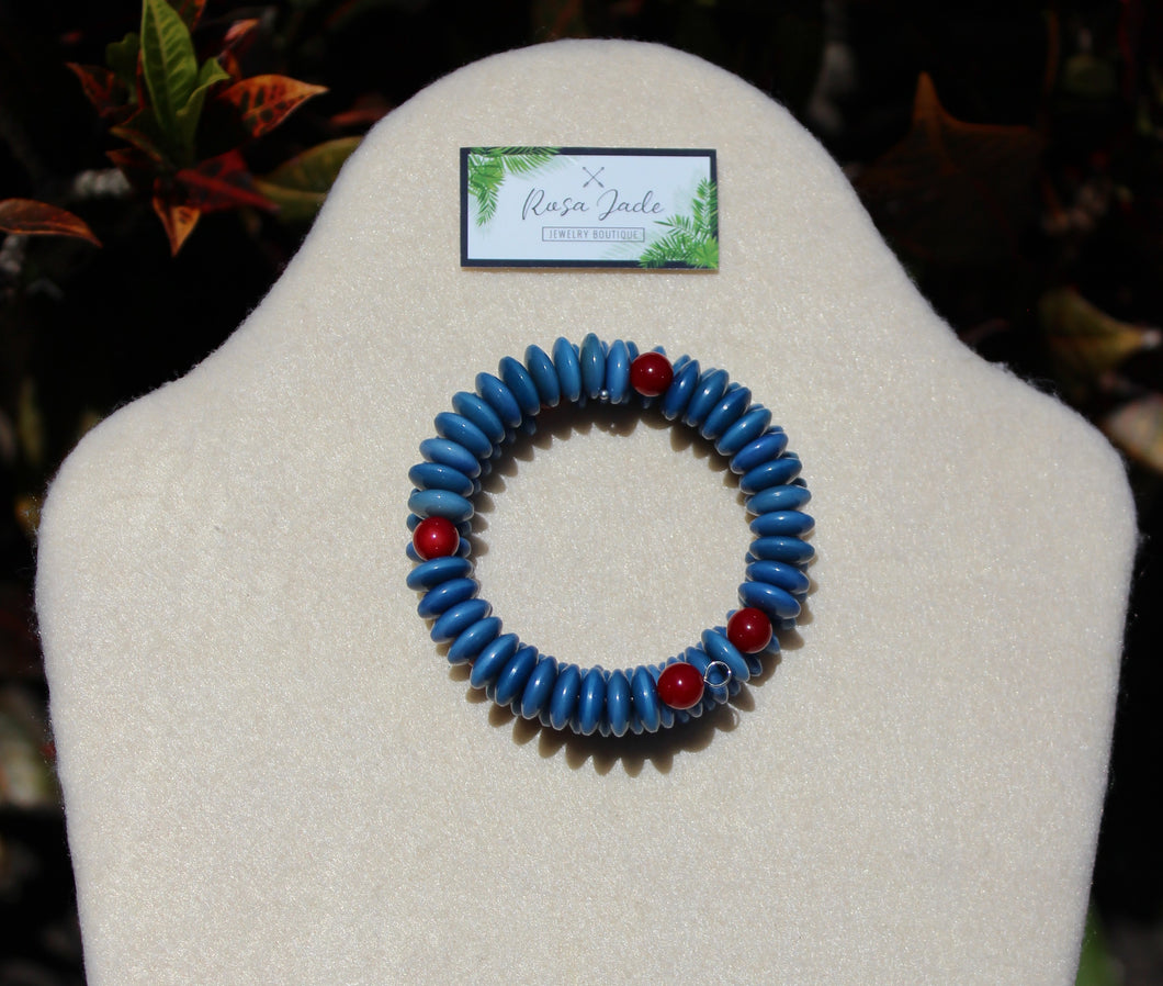Blue Red Tagua Nut Memory Wire Bracelet