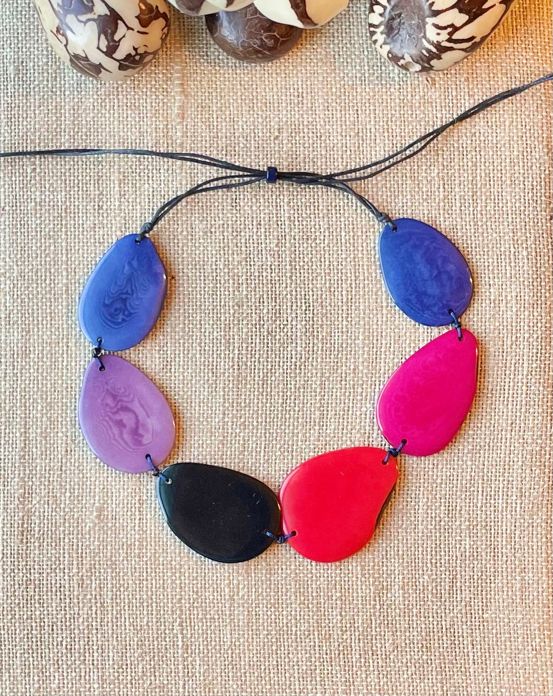 Blue, Pink & Purple Tagua Nut Necklace | Adjustable Sustainable Jewelry