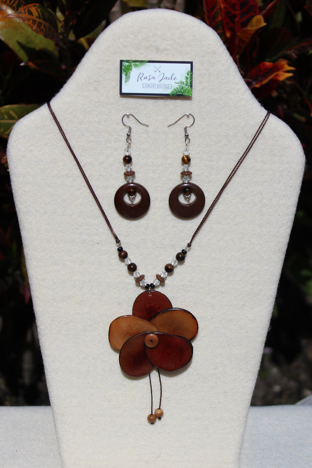 Brown Tagua Nut Rose and Earrings Set