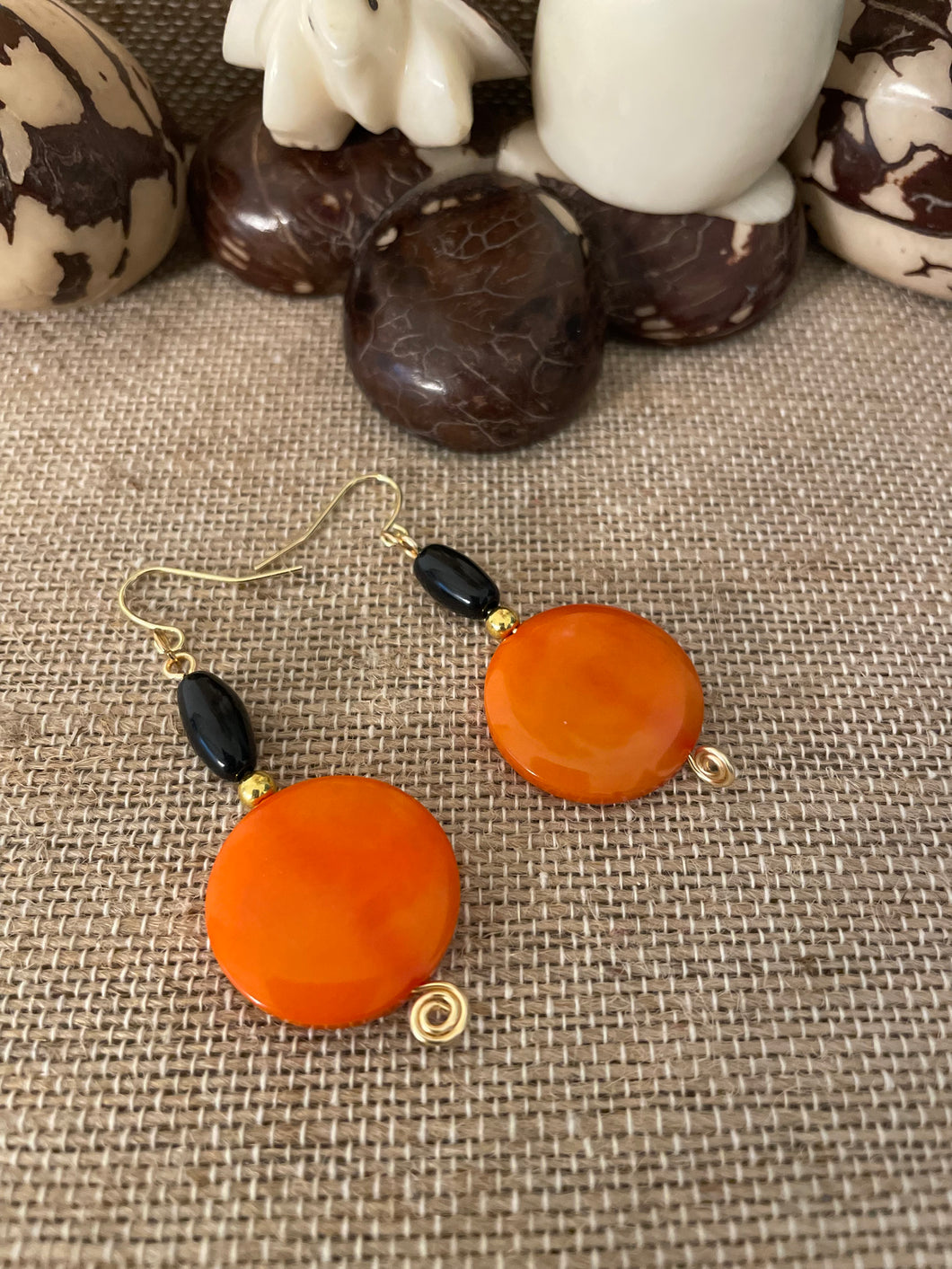 Orange and Black Tagua Nut Earrings