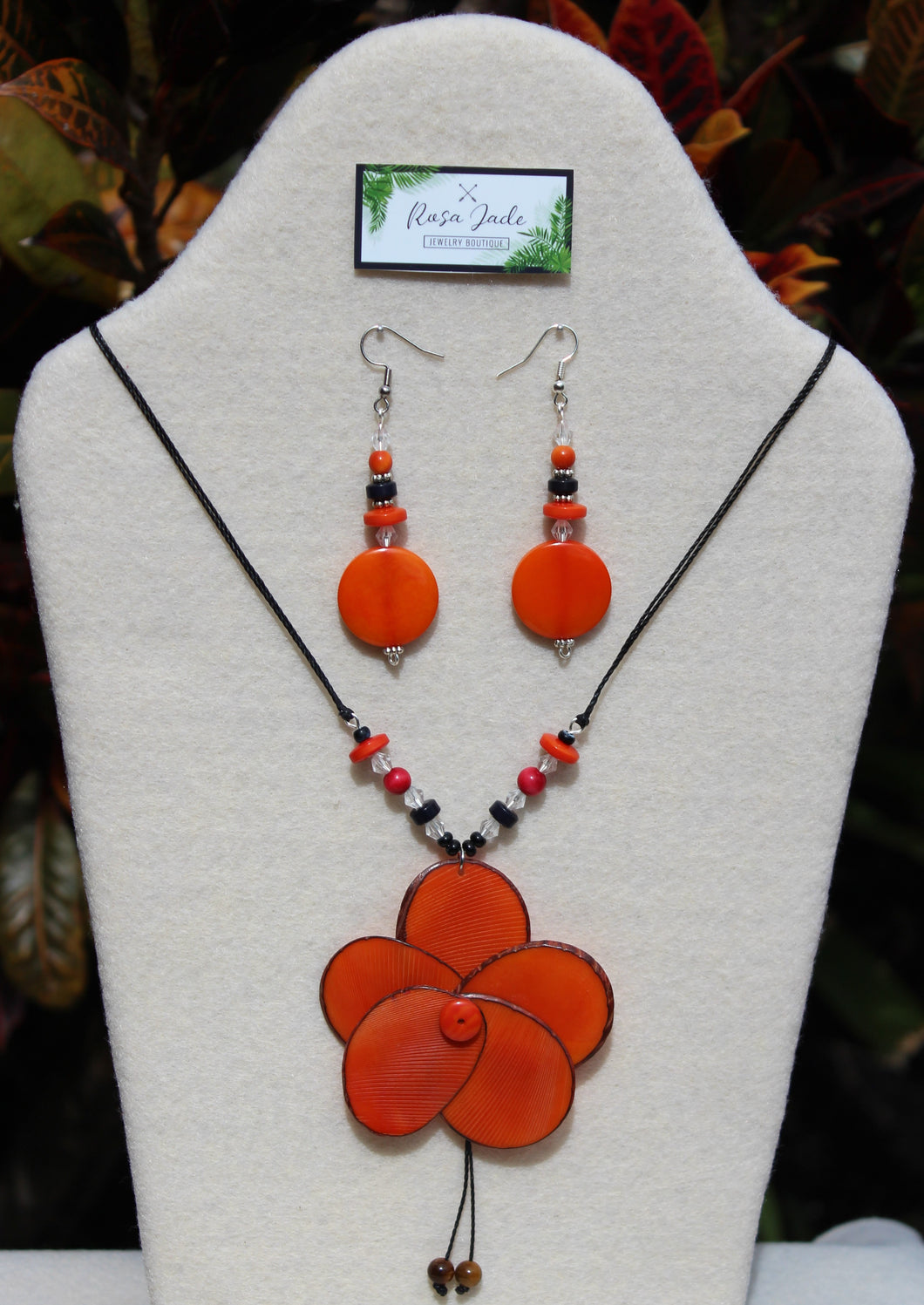 Orange Tagua Nut Rose and Earrings Set