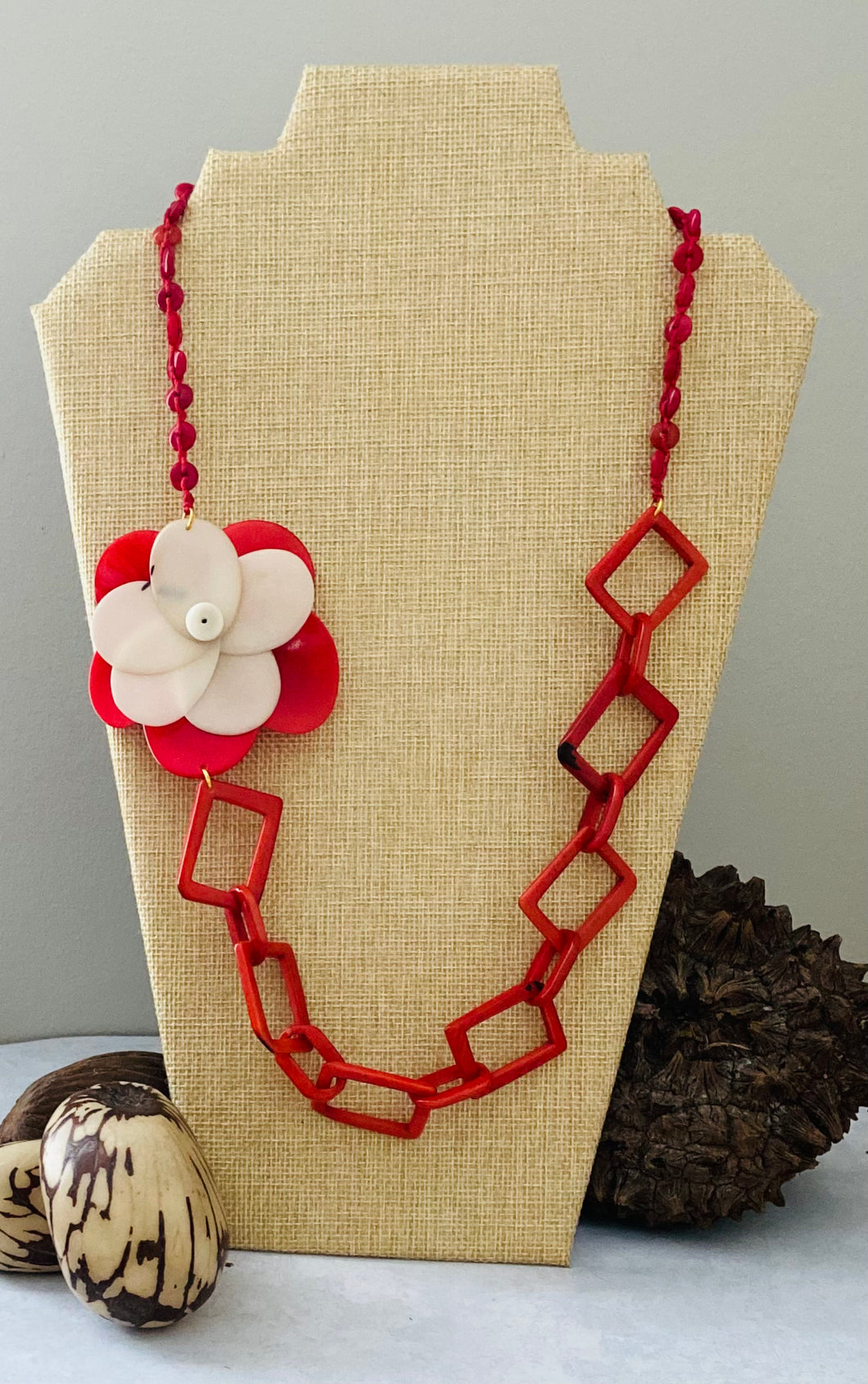 Red and Ivory Rose Chain Tagua Nut Necklace