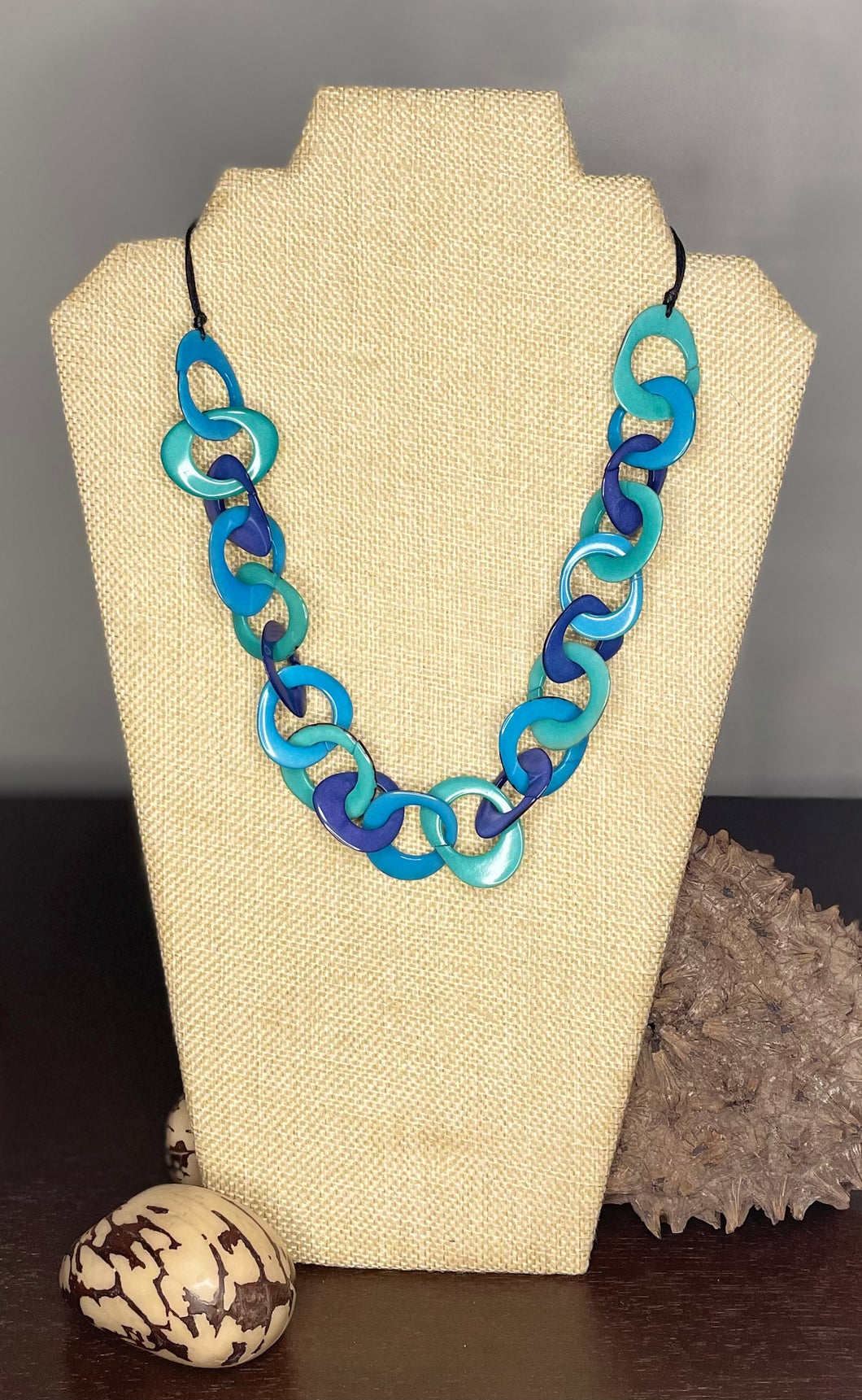 Blue Turquoise and Teal Tagua Nut Adjustable Necklace