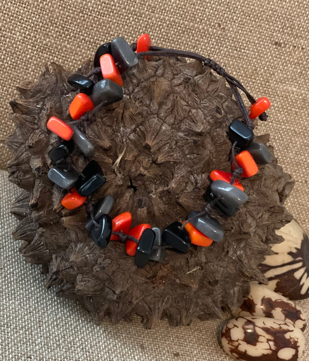 Orange Gray and Black Tagua Nut Adjustable Bracelet
