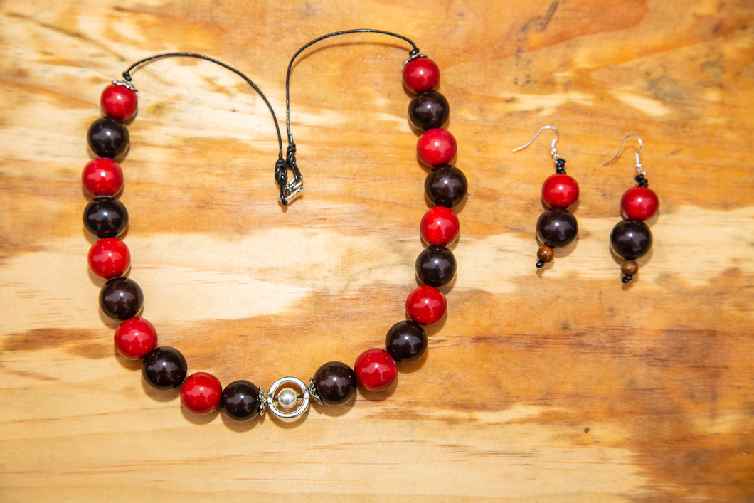 Red Black Tagua Nut Necklace with Silver Accents