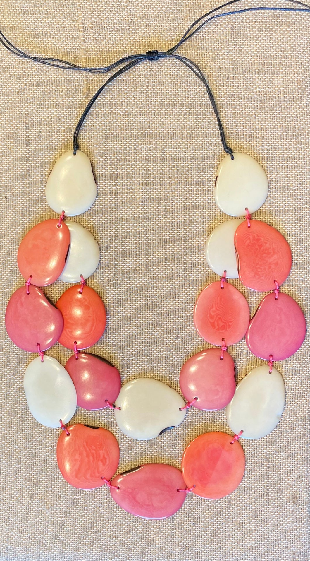 Pink Salmon and White Double Layer Tagua Nut Adjustable Necklace