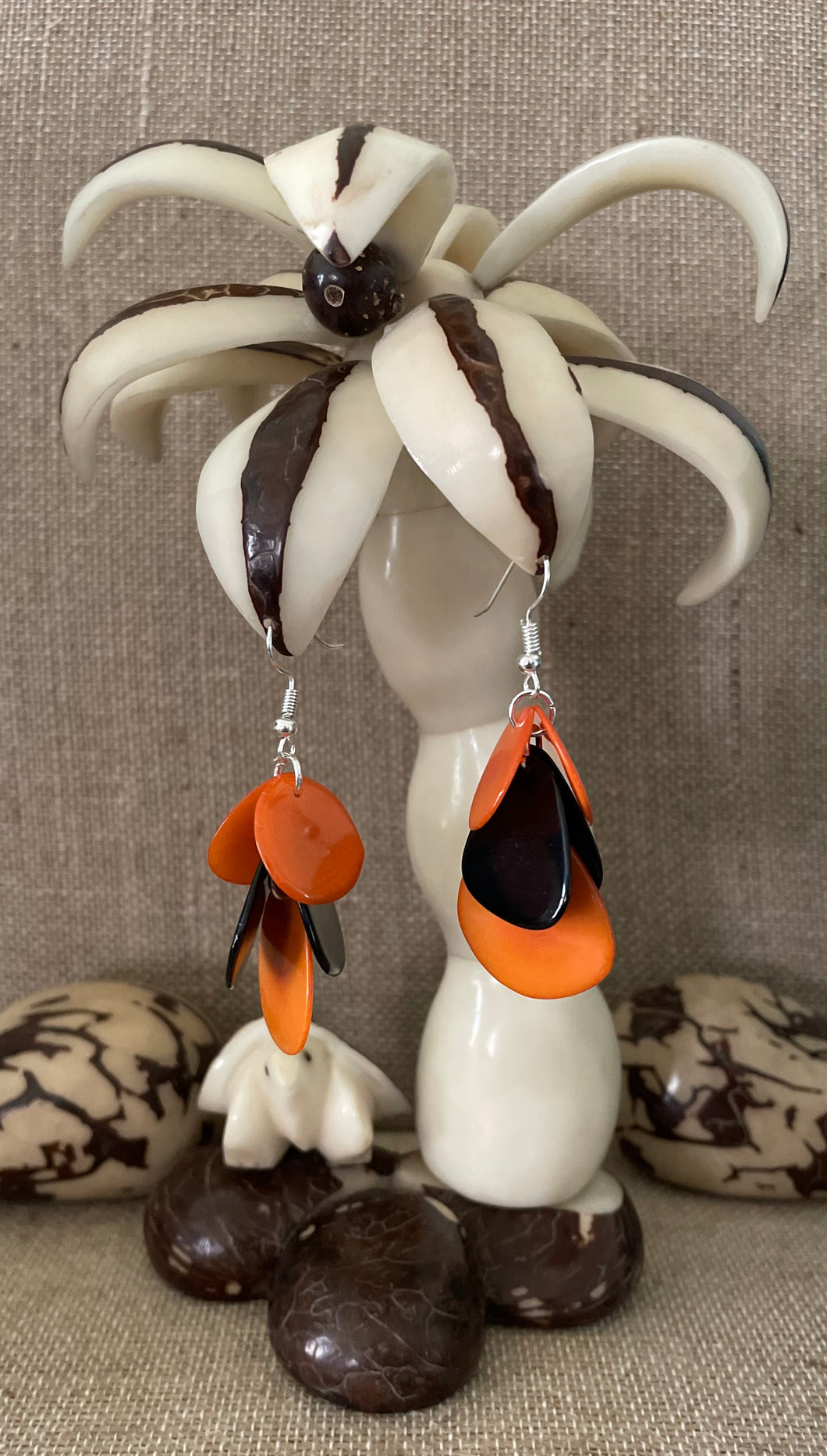 Orange and Black Tagua Nut Dangle Earrings