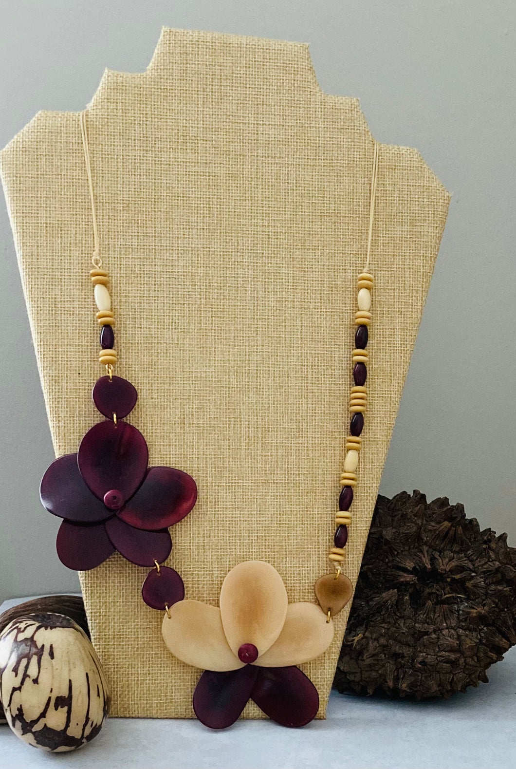 Maroon and Ivory Double Rose Tagua Nut Necklace