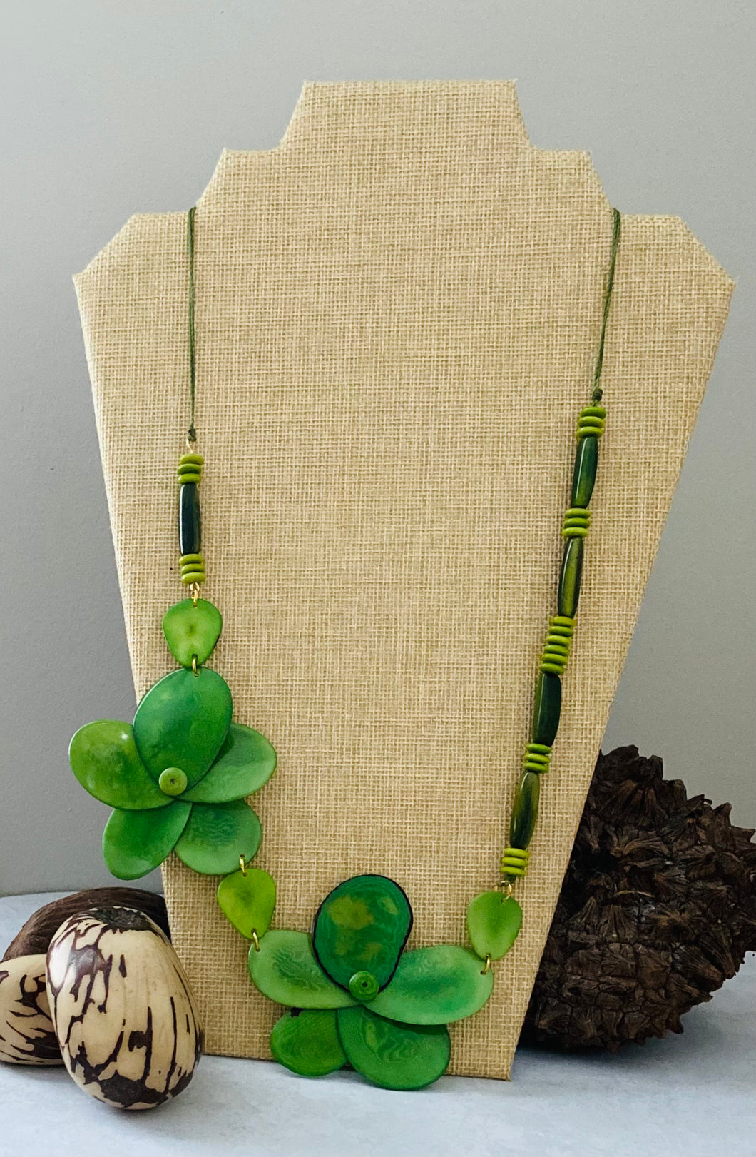 Bright Green Double Rose Tagua Nut Necklace