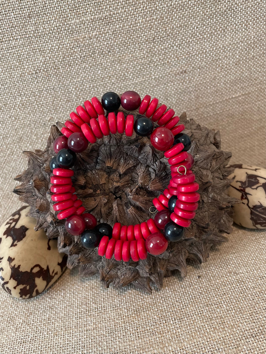 Red Black Tagua Nut Memory Wire Bracelet