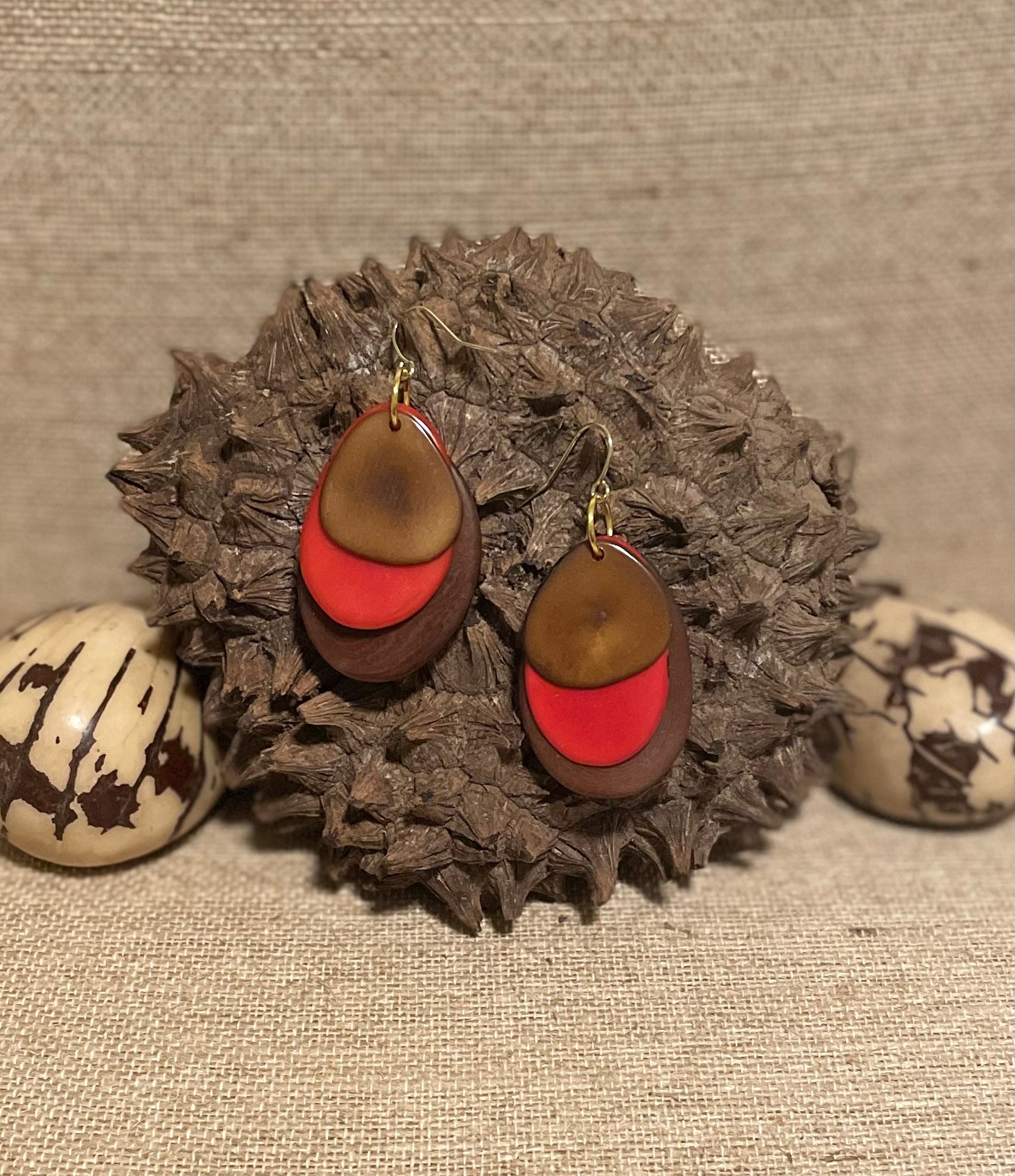 Red and Brown Tagua Nut Earrings