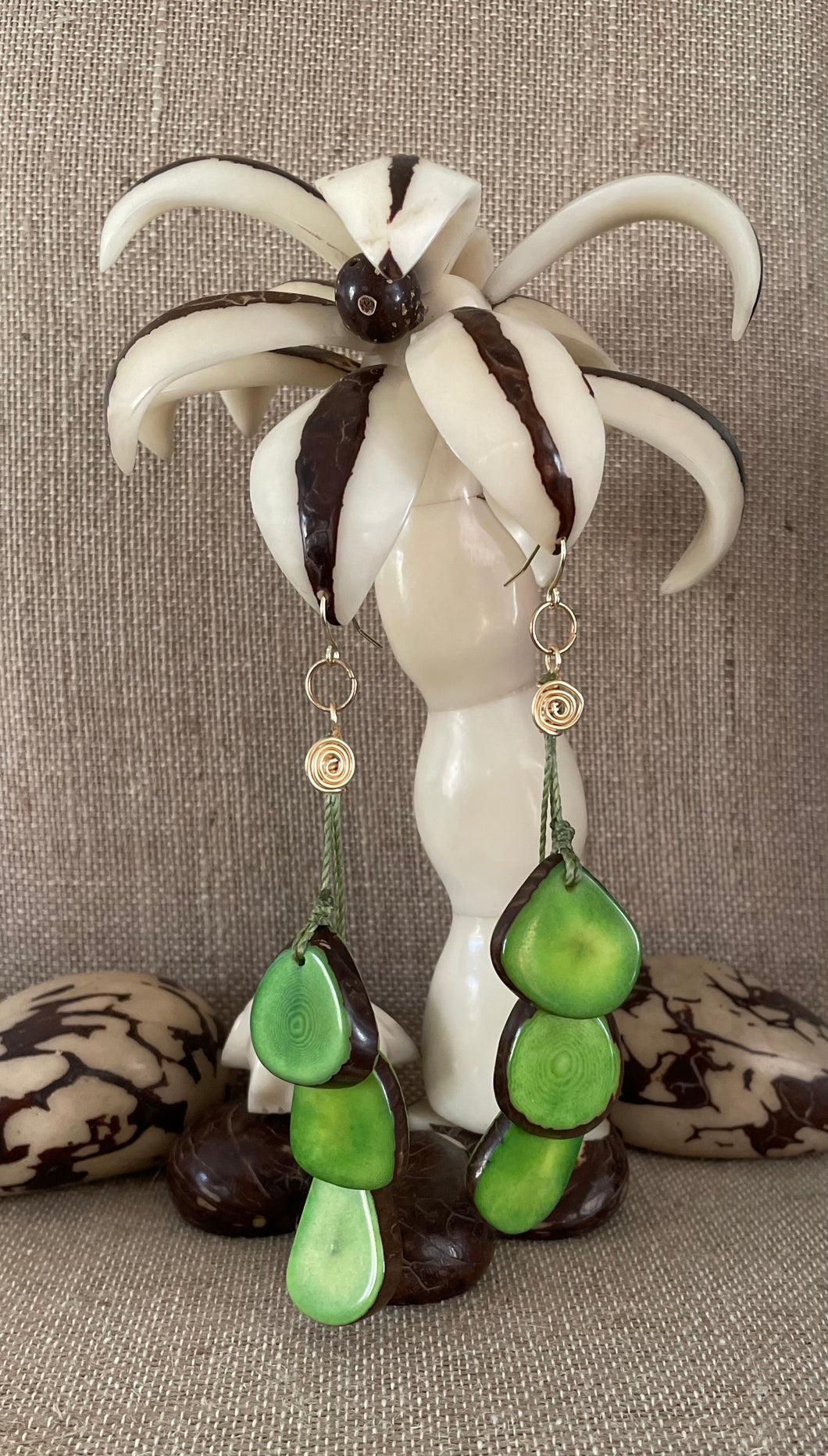 Green Tagua Nut Long Earrings