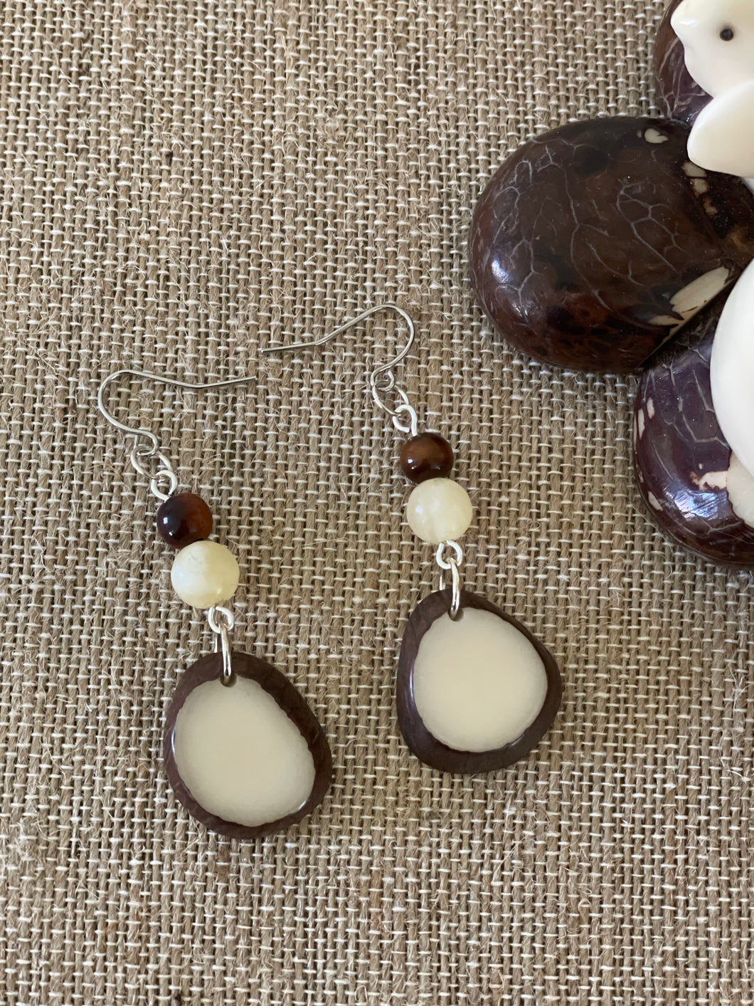 Ivory and Brown Tagua Nut Earrings