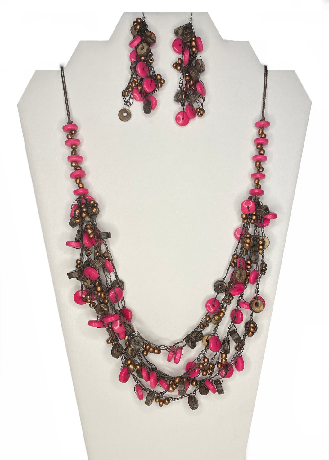 Pink Tagua Nut and Coconut Beads Adjustable Necklace and Earrings set