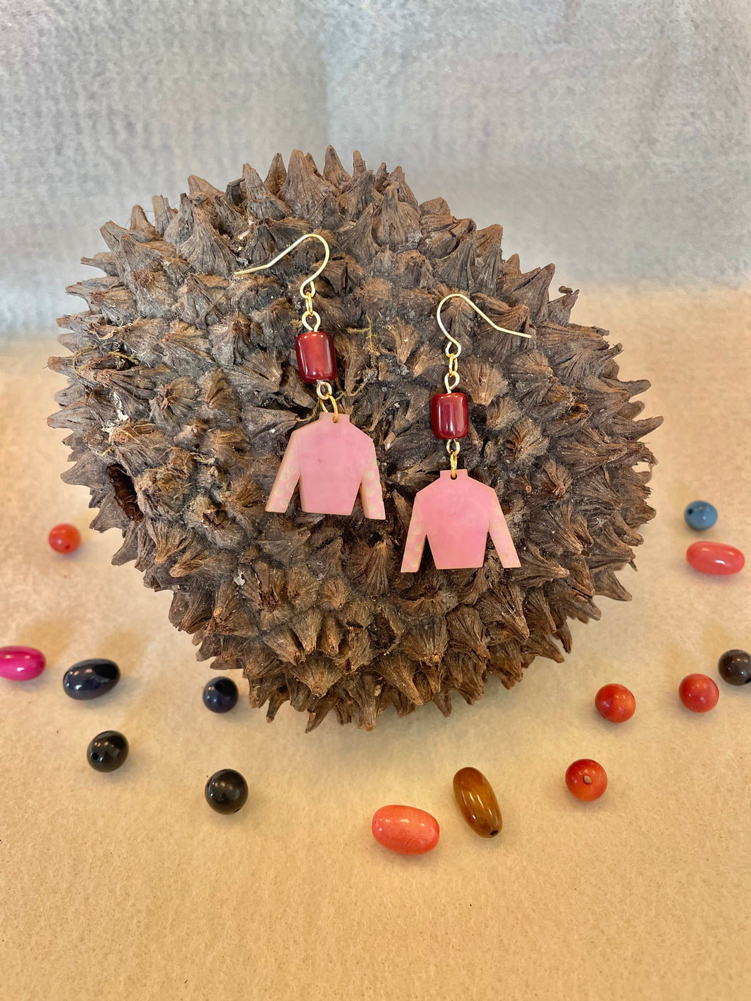 Light Pink Tagua Nut Jockey Silk Derby Earrings