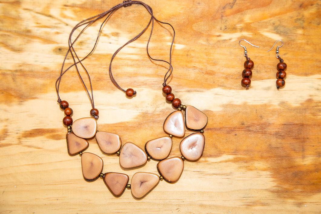 Brown Double Strand Tagua Nut Adjustable Necklace and Earrings set