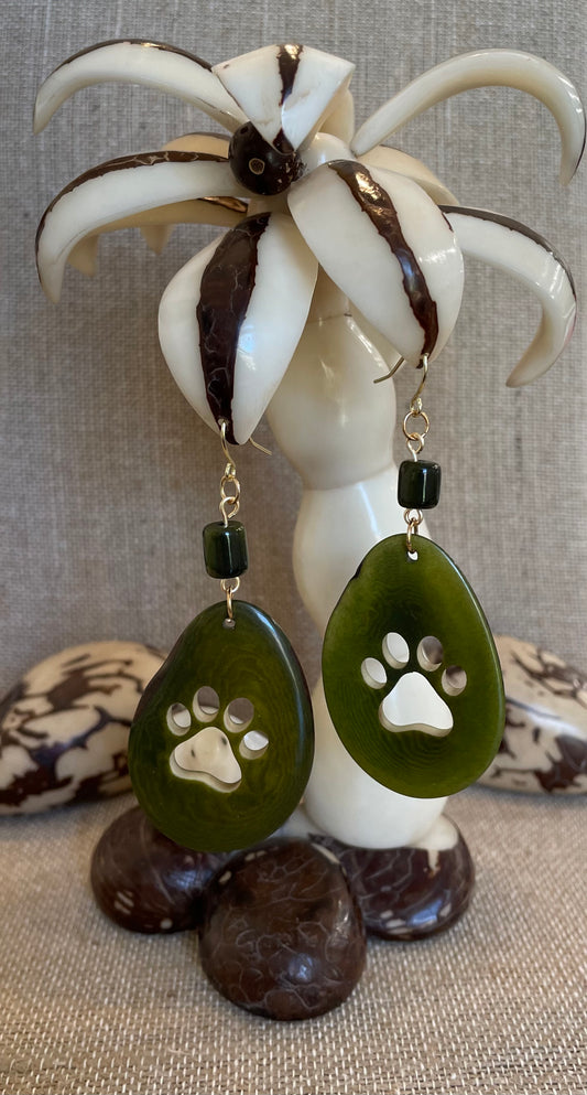 Olive Green Paw Carved Tagua Nut Earrings