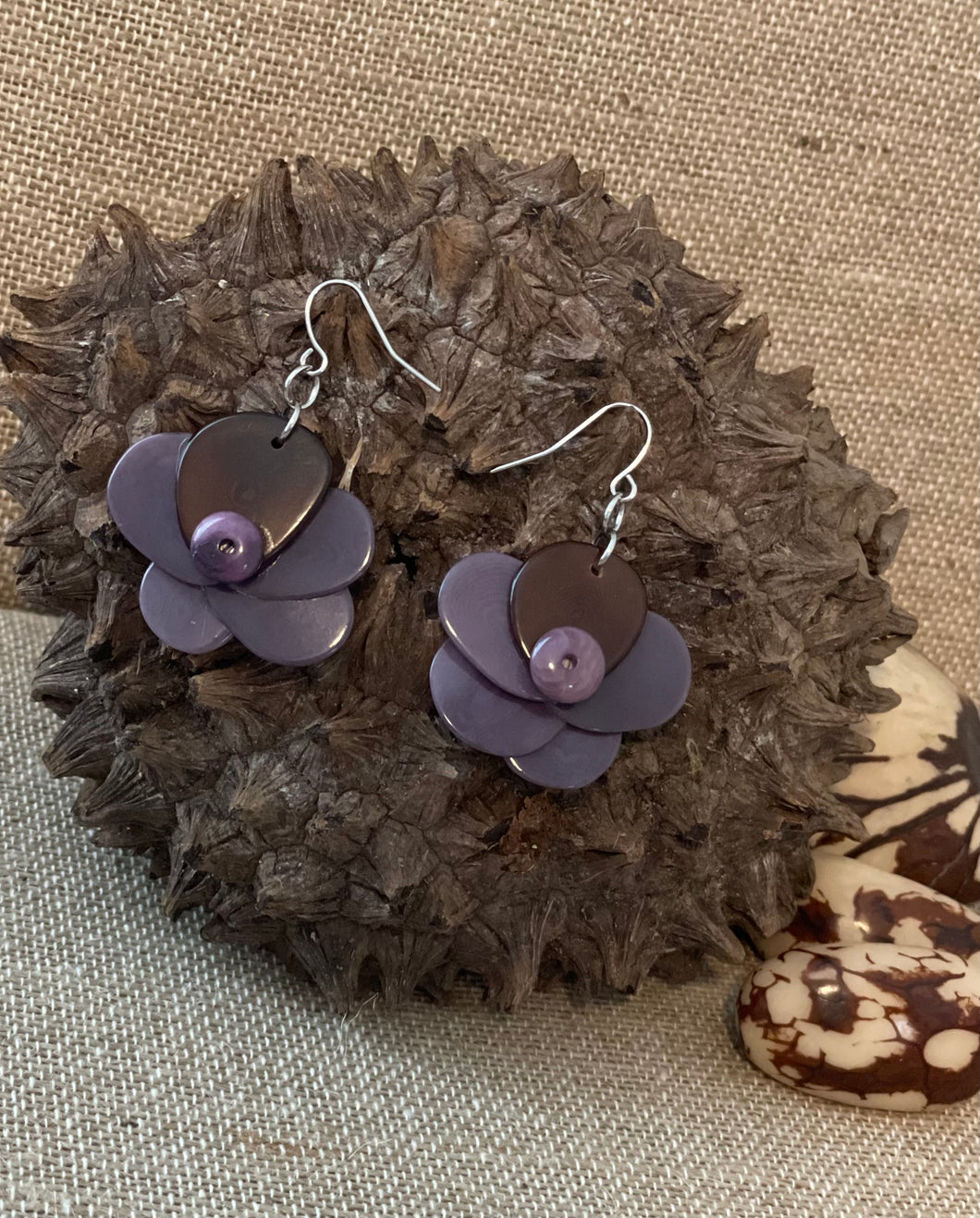 Purple and Brown Rose Tagua Nut Earrings