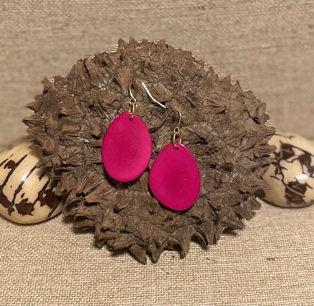 Hot Pink Thin Sliced Tagua Nut Earrings