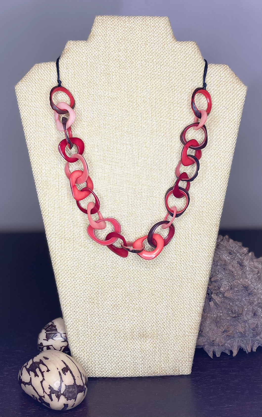 Red and Pink Tagua Nut Adjustable Necklace