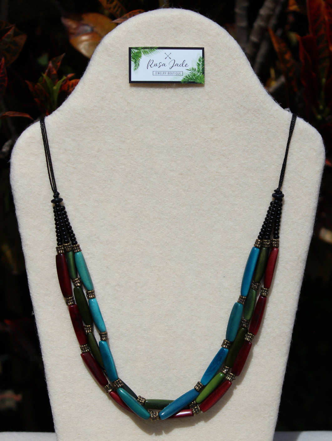 Turquoise Green Maroon Triple Layer Tagua Nut Necklace