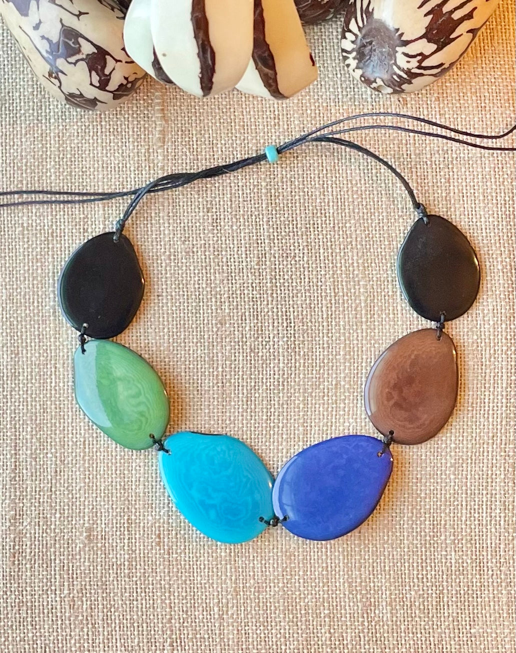 Blue, Brown & Green Tagua Nut Adjustable Necklace | Sustainable Eco-Jewelry