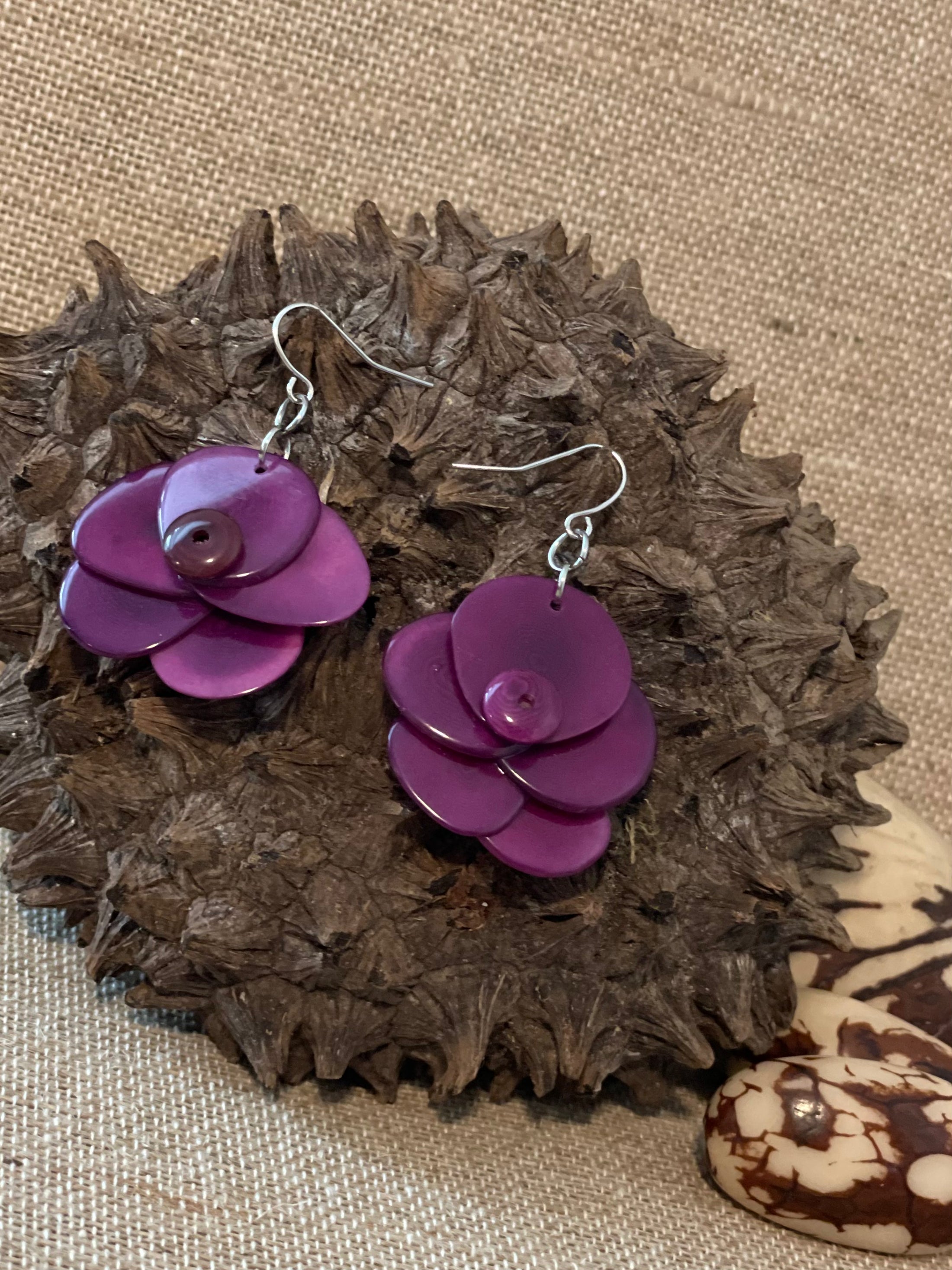 Dark Purple Rose Tagua Nut Earrings