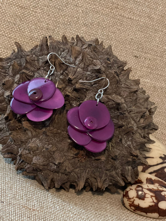 Dark Purple Rose Tagua Nut Earrings