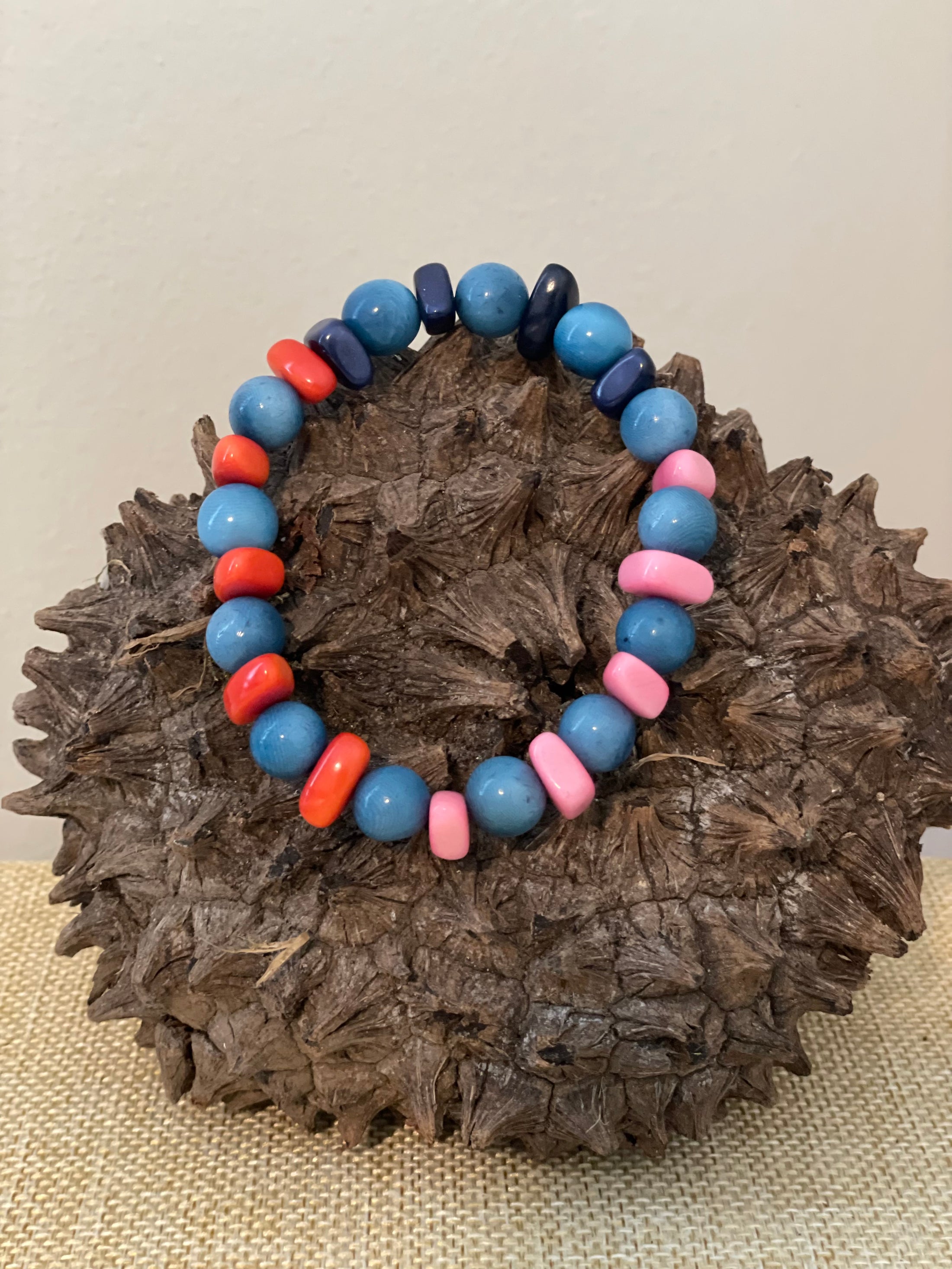 Pink Orange and Blue Tagua Nut Stackable Bracelet