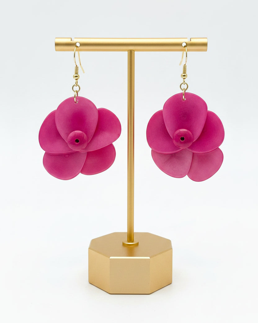 Fuschia Hot Pink Rose Tagua Nut Earrings